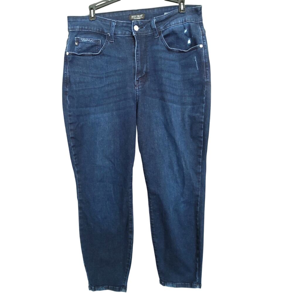 Judy Blue Los Angeles med/dark wash straight distressed edges womens 14 normcore - Picture 2 of 8